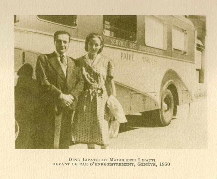 with his wife Madeleine in front of EMI's recording car, Geneva, July 1950
